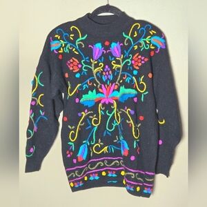 Kitty Hawk Vivian Wang Floral Embroidered Boho Chic Art To Wear Sweater, Medium